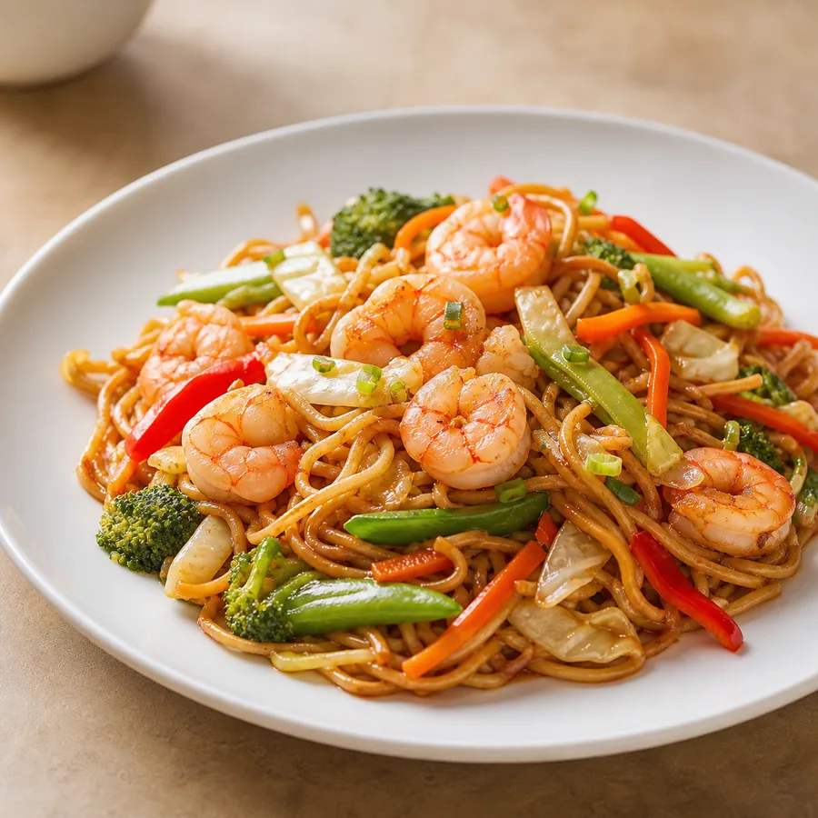 Foto de Fideos con vegetales y camarón